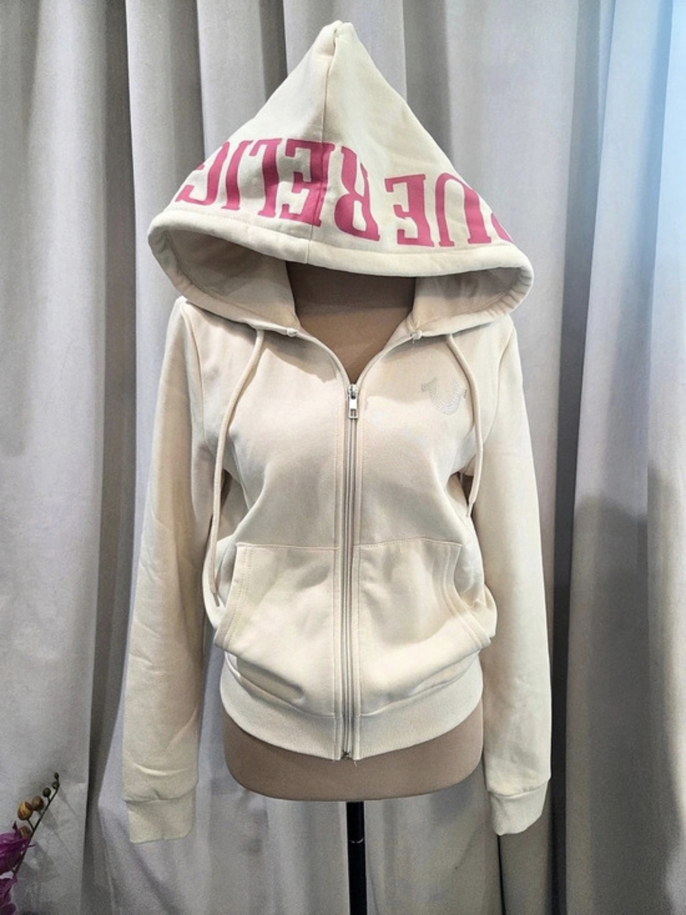 True Religion TR Buddha Zip Hoodie Cream & Pink Size Medium